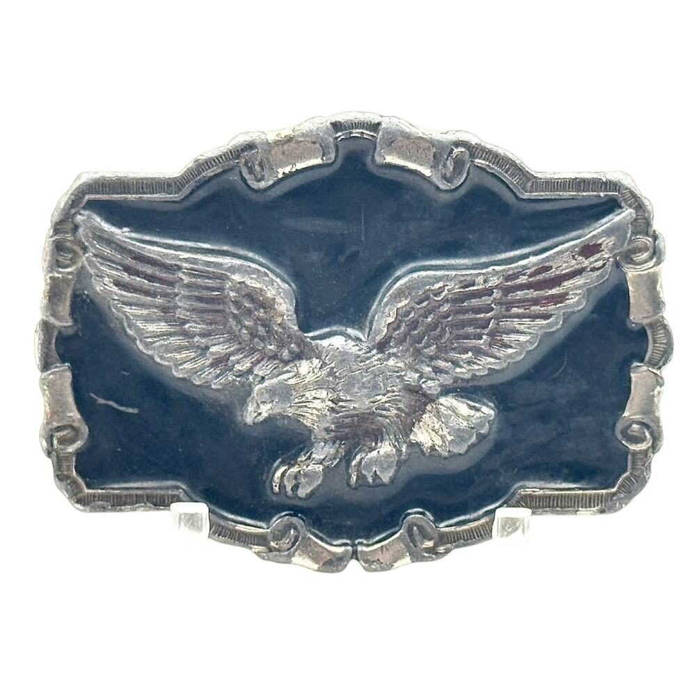 Bergamot Eagle Belt Buckle QD1243 1983 Silver Tone Black Raised Scroll Border